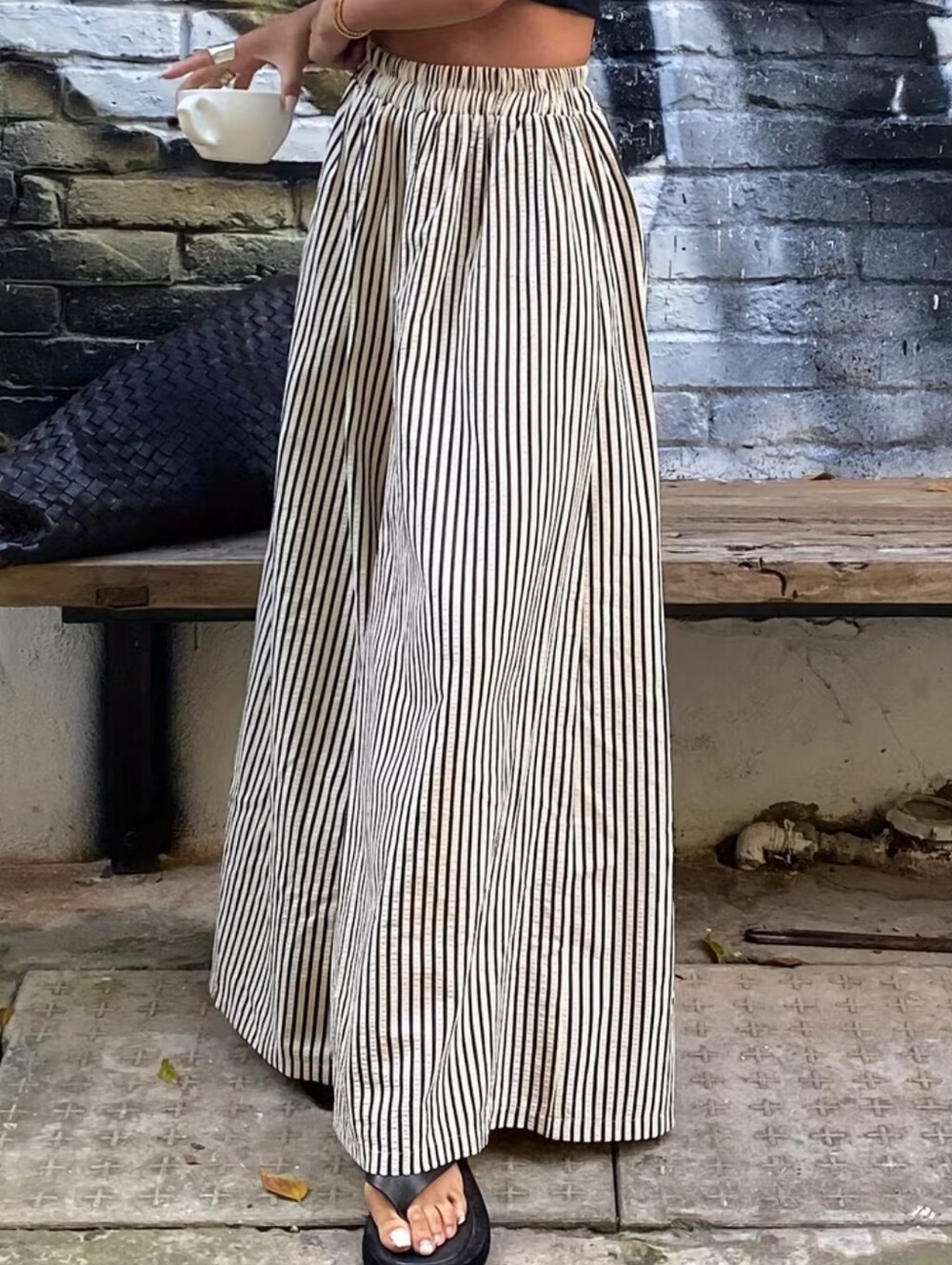 Casual Women'S Striped Wide-Leg Trousers Made Of, Featuring an Elastic Waistband - Picture 4 of 7